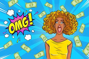 black woman OMG panic surprised with Falling Down Money