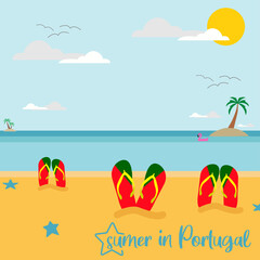 Fototapeta na wymiar Poster of summer in Portugal. Flip-flops on the beach