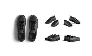 Blank black leather sneakers with lace pair mockup, different views