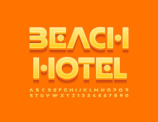 Vector sunny emblem Beach Hotel. Bright futuristic Font. Creative Alphabet Letters and Numbers set