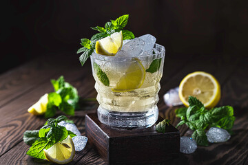 Cold freshly made lemonade, lemon slice and fresh mint leaves. Healthy organic homemade citrus...