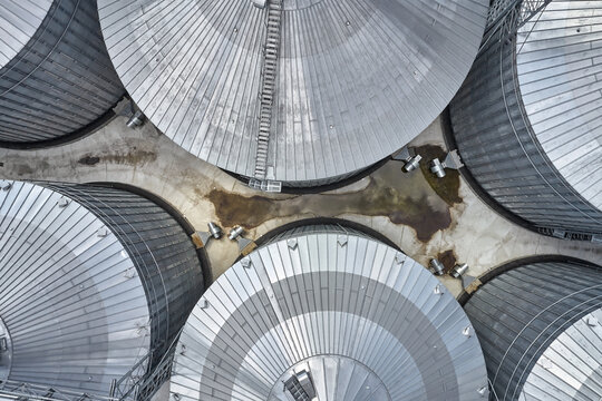 View from above at grain elevators at agricultural complex