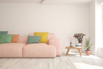 White living room with pink sofa and colorful pillows. Scandinavian interior design. 3D illustration
