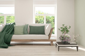 Mock up of minimalist living room in white color with sofa. Scandinavian interior design. 3D illustration