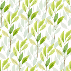 Seamless botanical background with green branches and leaves, illustration watercolor hand painted on white background