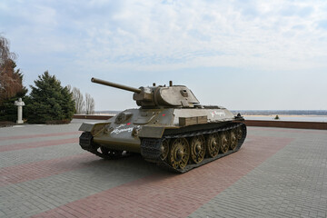 T-34 tank on bank of the Volga river in Volgograd.