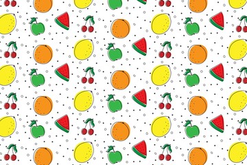 Summer fruits pattern with orange, lemon, watermelon, apple and cherry, with white background. Vector illustration