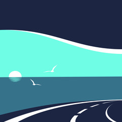 The road to the sea and the soaring gulls at sunrise. Vector illustration.