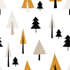 Vector seamless pattern with doodle cute christmas trees on a white background. Cute scandinavian forest background. Nature. Landscape. Creative kids texture for fabric, wrapping, textile, wallpaper.