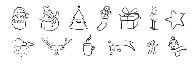 Set of cute hand drawn christmas cartoon icons
