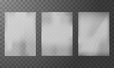 Set of bad glued papers realistic vector illustration isolated on transparent background. Crumpled wet paper concept.