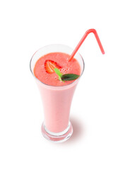 Fresh strawberry milkshake decorated with berries and mint on a white isolated background, the concept of a healthy breakfast, diet and good nutrition.