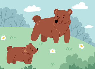 Obraz na płótnie Canvas Mother bear with her child walking on the lawn. Animals near the forest. Illustration for children's book.
