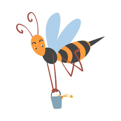 Bee Flying with Bucket Full of Honey, Funny Insect Character Cartoon Vector Illustration