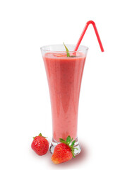 Fresh strawberry milkshake decorated with berries and mint on a white isolated background, the concept of a healthy breakfast, diet and good nutrition.