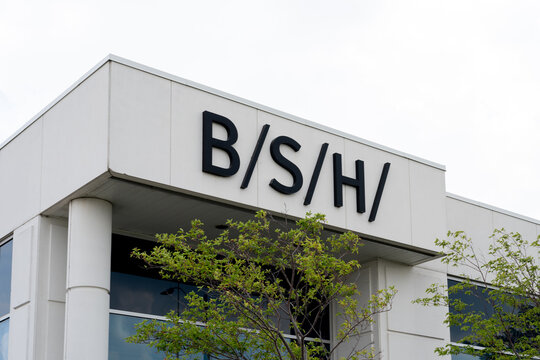 Mississauga, On, Canada - June 13, 2021: Close-up of BSH sign on the building.  BSH is the largest manufacturer of home appliances in Europe. 