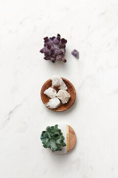 Different magic mineral crystals in row