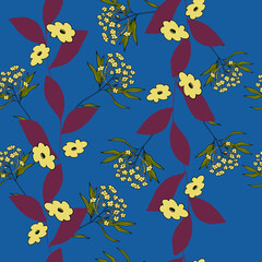 vector illustration seamless pattern pale yellow flowers,burgundy leaves,grass with small flowers,blue background