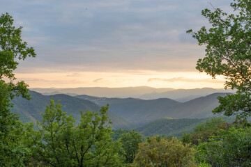 Sunset in the southern French Cevennes. Hilly landscape, panorama