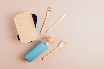 Zero waste kit for lunch, reusable bottle, box and bamboo cutlery - obrazy, fototapety, plakaty
