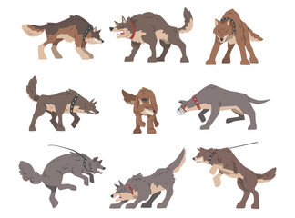 Set of Aggressive Large Dogs Baring its Teeth and Barking Vector Illustration