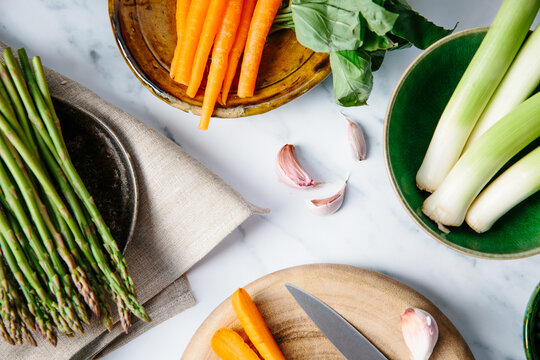 Fresh spring vegetables for a pasta dish