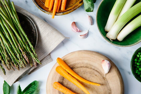 Fresh spring vegetables for a pasta dish