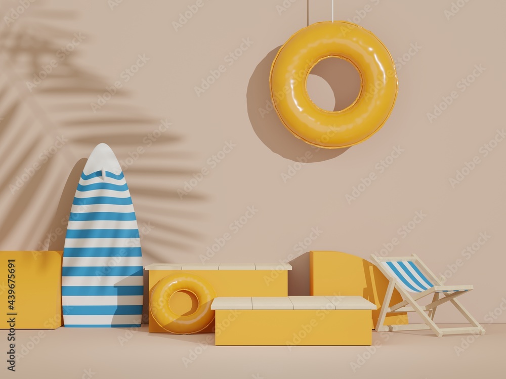 Aufkleber 3d render of minimal display podium with summer season background concept. minimalist pedestal for w