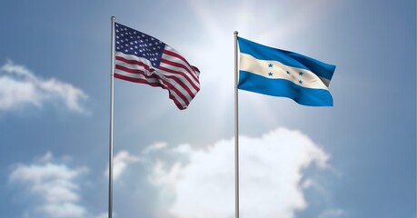 American and honduras flag waving against clouds in blue sky