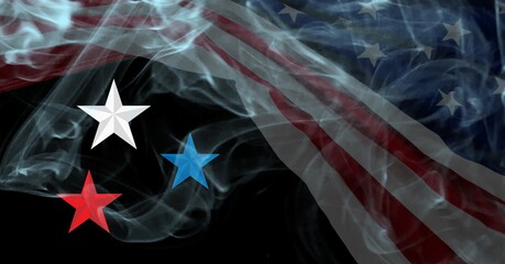 Fototapeta premium Composition of red, blue and white stars with smoke over waving american stars and stripes flag