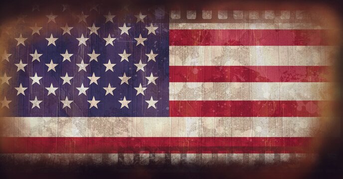 Composition of american stars and stripes flag on distressed vintage film with sprockets