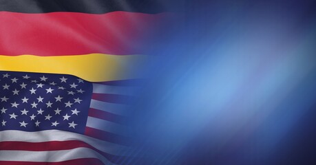 Fototapeta na wymiar Composition of german and american flag billowing together, with blue blur