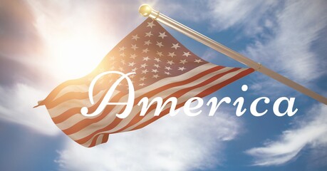 Composition of text america in white over american flag on pole billowing in sunny cloudy blue sky