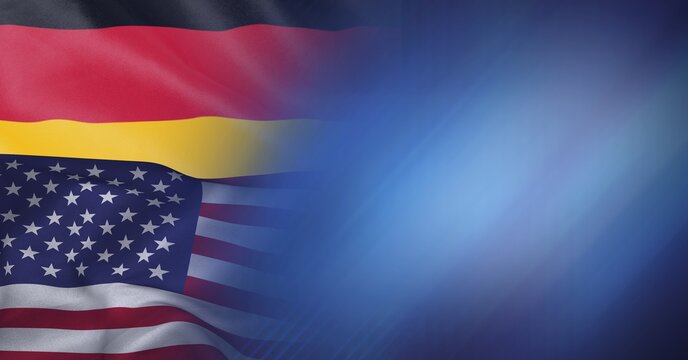 Composition of german and american flag billowing together, with blue blur