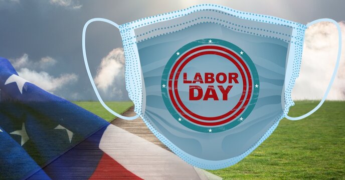 Composition of labor day design on face mask with american flag on sunny field and sky