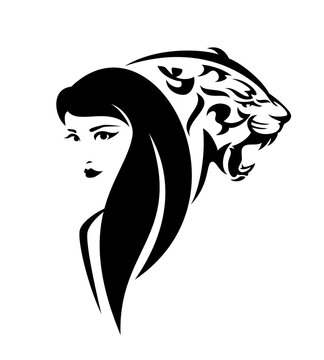 beautiful woman with long hair and roaring wild tiger head - black and white vector portrait of girl and big cat