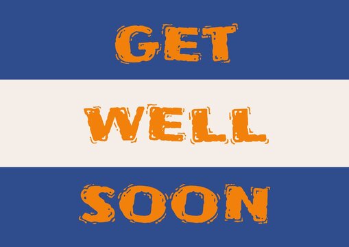 Composition of get well soon wishes text on blue and white striped background