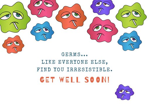 Composition of well wishes text with sick emojis with thermometers