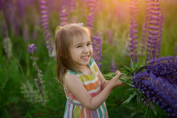 A beautiful little girl is laughing and waving a bunch of lupins in a field of flowers at sunset. Funny beautiful girl.  Pick a bouquet for Mom.