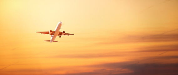 Fototapeta premium Flying plane on sunset sky background