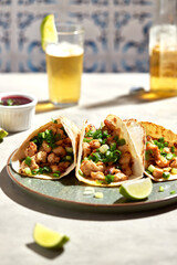 Tacos with meat and herbs, sauce and lime. National Mexican street food. On a light background.