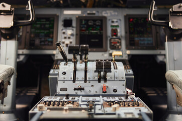 Pilot cabin in modern passenger airplane jet