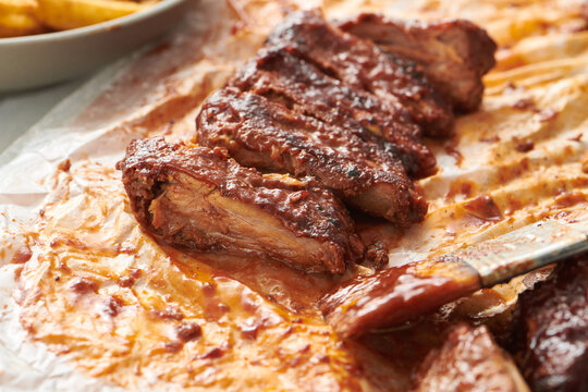 Closeup of Barbecue Spare Ribs with Brush 