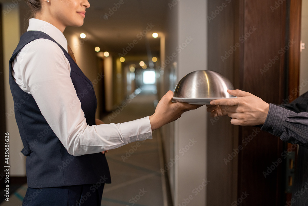 Wall mural hotel manager passing tray with lunch to businessman