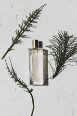 Minimalistic design for fresh nature scented perfume advertising. A clear glass bottle of perfume on a white background with two green leaves. 