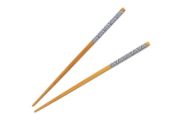 Bamboo chop sticks with blue pattern handles. 