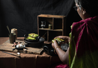 South Indian style shrimp/prawn masala cooked in a banana leaf