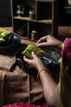 South Indian style shrimp/prawn masala cooked in a banana leaf