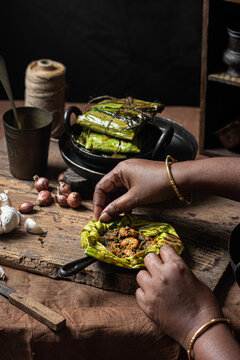 South Indian style shrimp/prawn masala cooked in a banana leaf