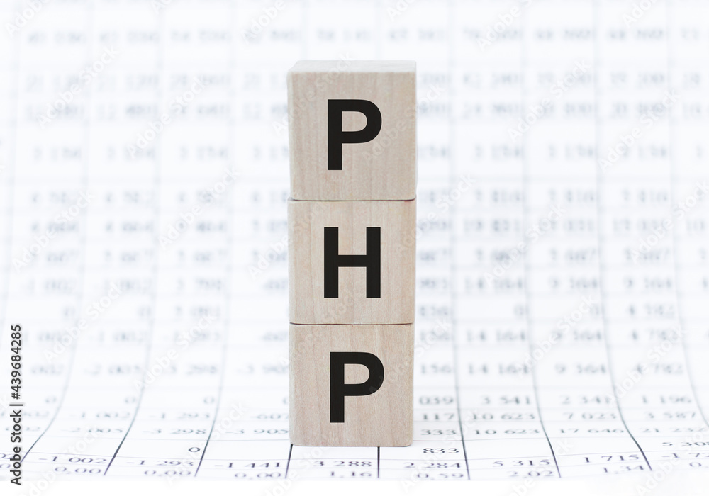 Poster php letters on wooden cubes stand tower on the table